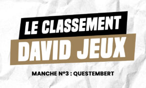 Title card reading 'LE CLASSEMENT DAVID JEUX' with black and tan ribbons over a crumpled paper background; subtitle 'MANCHE N°3 : QUESTEMBERT'
