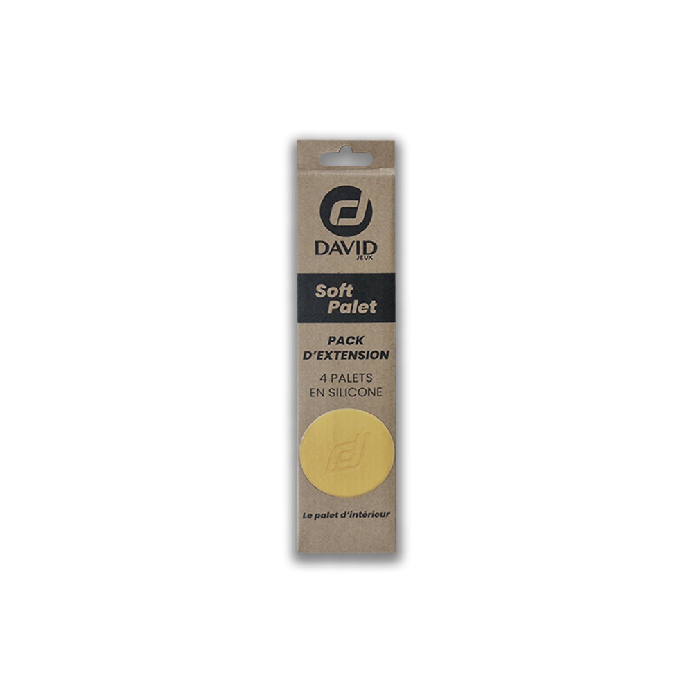 Packaging for David Soft Palet extension pack: 4 silicone palettes, beige box with yellow circular emblem