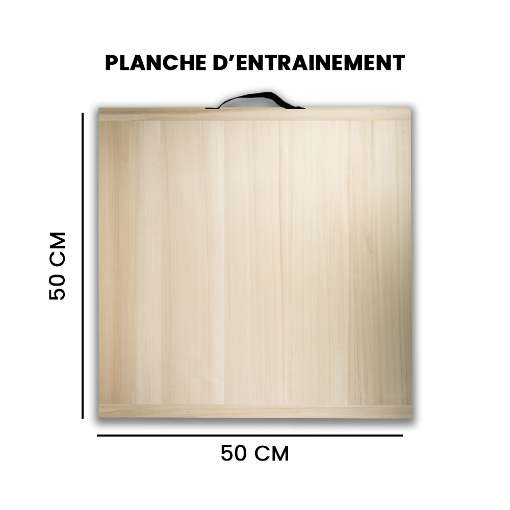 Wooden square training board (50x50 cm) with a black carrying handle on top.
