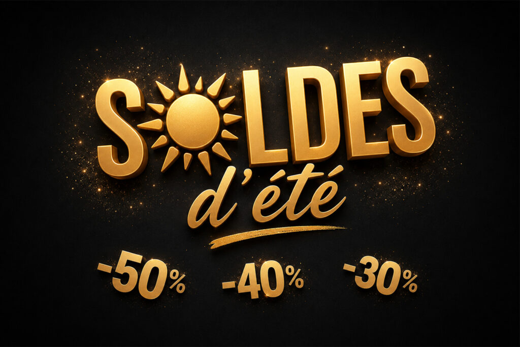 Gold 3D text reading "Soldes d'été" with sparkles on a dark background, featuring -50%, -40%, -30% discounts (summer sale).