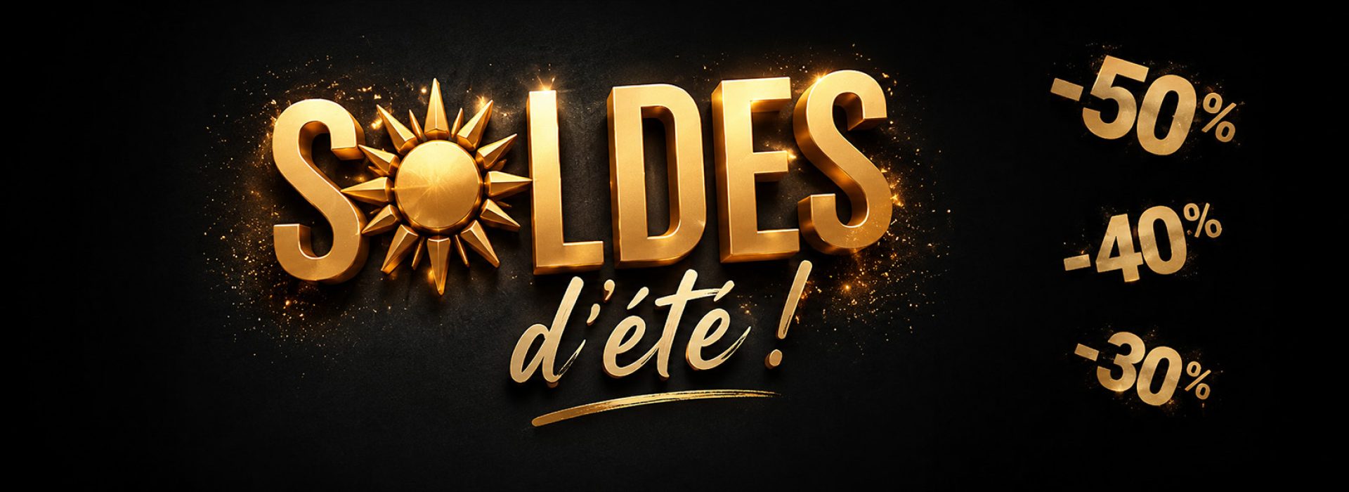 Gold 3D banner saying 'SOLDES d'été!' with a sun emblem and right-side vertical -50% -40% -30% discount marks on a black background.